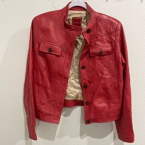 Cole Haan Red Leather Jacket Chic Preppy Button Pockets Moto Lined Contemporary